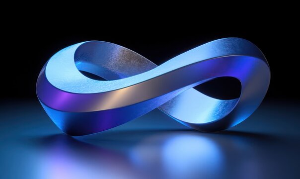 sleek metallic blue twisted infinity loop sculpture with purple highlights on reflective surface against a dark background, futuristic calm and mysterious mood