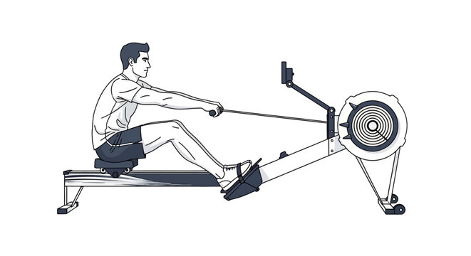 Man exercising on a rowing machine, clean line art illustration