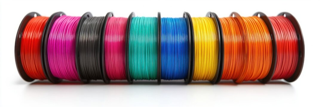 row of colorful 3d printer filament spools on white background, neatly aligned and conveying vibrant creative energy