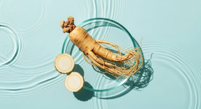 Ginseng root on a glass petri dish in water
