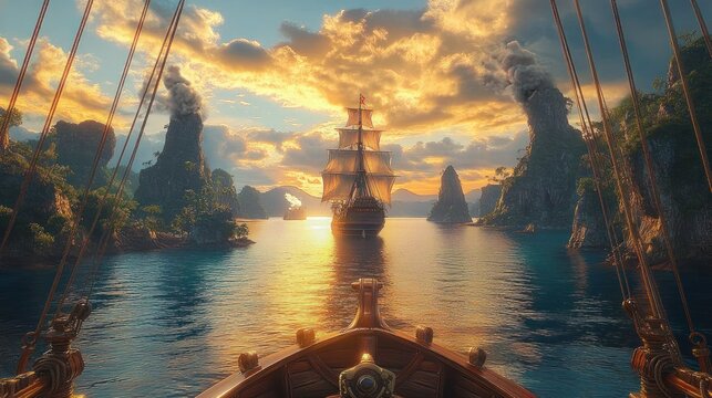 view from a wooden ship's bow toward a tall sailing ship passing through smoky volcanic isles at golden sunset, evoking awe and adventurous serenity
