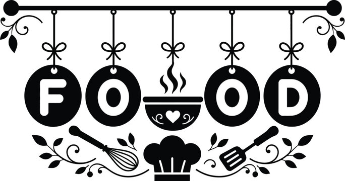 Black and white of the word "food" spelled out with circular letter tags and kitchen cooking chef whisk