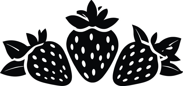 Black and white of three strawberries with leaves strawberry fruit silhouette