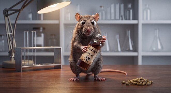 laboratory mouse holding a biohazard vial of Hantavirus virus