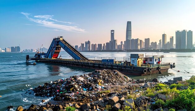 This industrial vessel on the river depicts the environmental impact of urban growth. A pile of trash contrasts with the distant skyline, highlighting sustainability and waste issues.