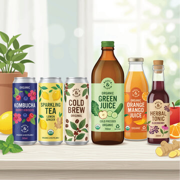 Still life of various beverages on a wooden table with a plant in the background, natural light through a window.