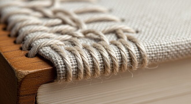Textured detail of a handmade book binding with natural twine on aged wood.