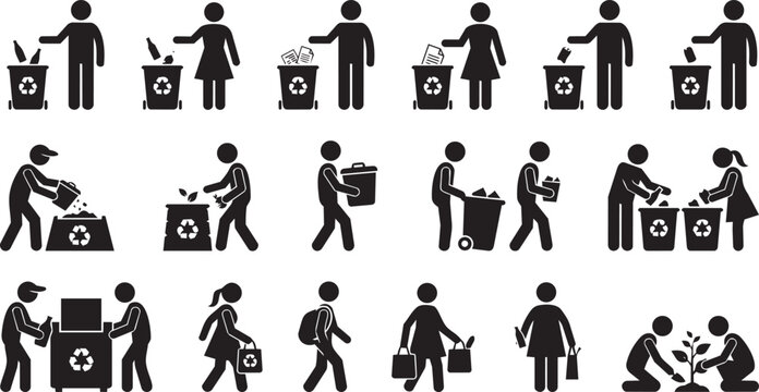 Recycling and waste management silhouette collection for environmental sustainability and eco friendly lifestyle concepts