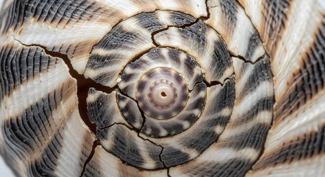 Intricate spiral pattern on a cracked seashell reveals natural geometric beauty.