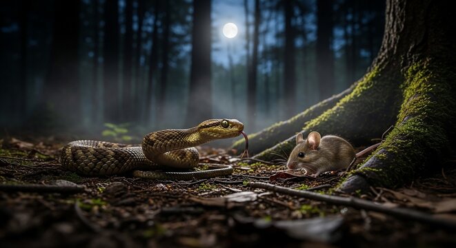 Snake mouse confrontation forest night