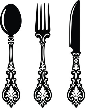 Black silhouette of ornate vintage spoon, fork, and knife on white background, cutlery silverware
