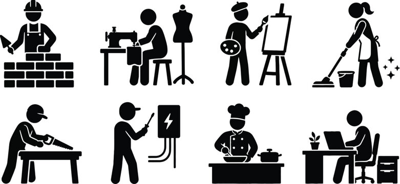 Set of eight black silhouette depicting various professions and activities activity construction bricklayer