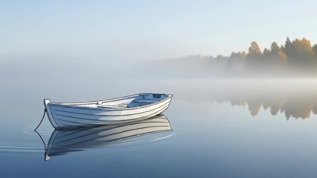 Boat on misty lake reflects in calm water with forested horizon on a serene morning