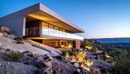 Obraz premium Elegant modern architecture merges with rugged desert terrain in this luxury concrete home. Glowing at twilight, the minimalist design offers a serene retreat and panoramic views.