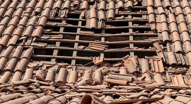 Broken tiles on a roof top.
