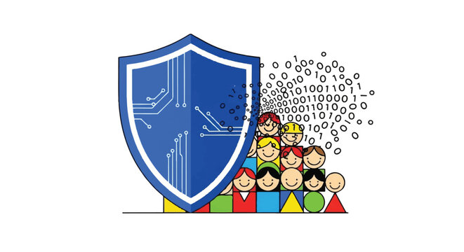 A group of diverse people standing behind a large blue shield with circuit lines and binary code flowing out