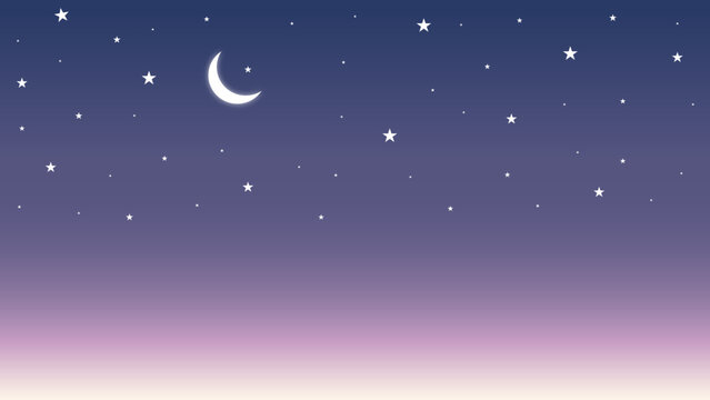 Dreamy night sky background with glowing crescent moon and sparkling star gradient vector design