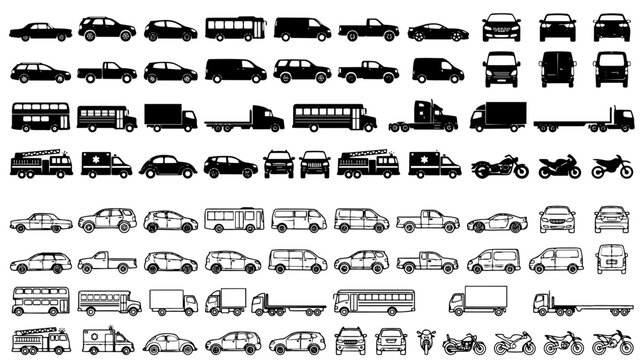 Vehicle Silhouette Set: Car and Truck Icons, Transportation Vector Collection, Auto Side View and Front View, Delivery Van, Bus, Motorcycle, and Emergency Services Graphic Elements.