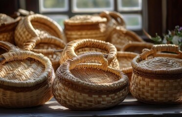 Obraz premium assortment of woven wicker baskets and a lidded basket on a wooden table by a sunlit window, cozy rustic handmade atmosphere
