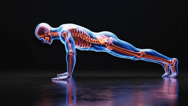 Human skeleton in push up position showing anatomical structure and bones on a dark background