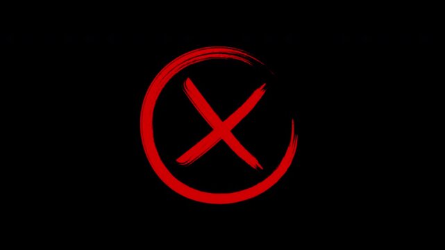 Round red cross brush drawing, Hand-drawn red X mark animation on transparent background.