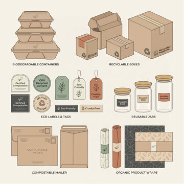 Illustration of eco-friendly packaging solutions including biodegradable containers, recyclable boxes, eco-labels and tags, reusable jars, compostable mailers, and organic product wraps on