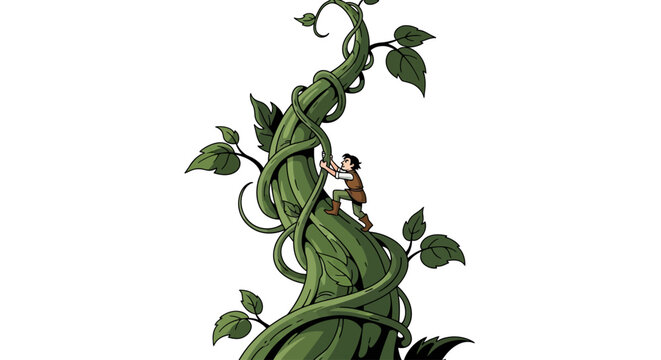 Jack Climbing Giant Beanstalk Fairy Tale Illustration