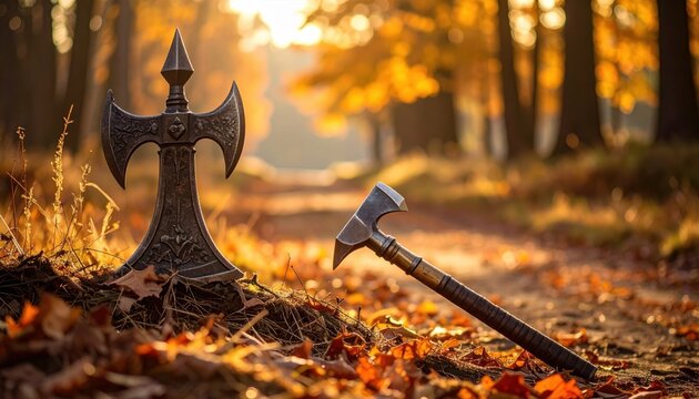 Ancient forged iron halberd head with sharp axe blade and top spike resting on dry autumn leaves in a golden forest, cinematic medieval weapon banner showcasing artisanal metal craftsmanship.