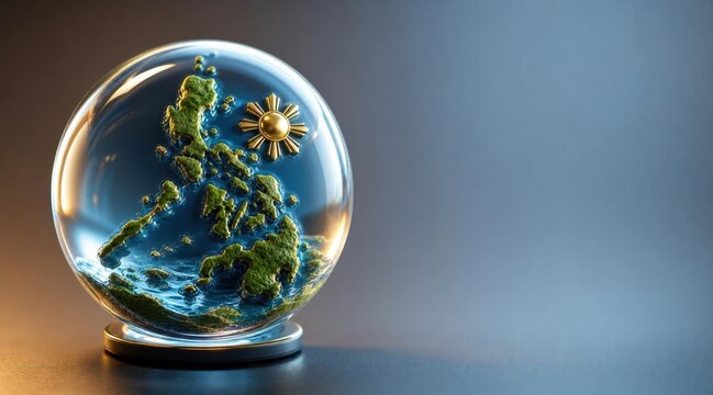 Crystal globe showing Philippine archipelago with sun, representing global presence and origin