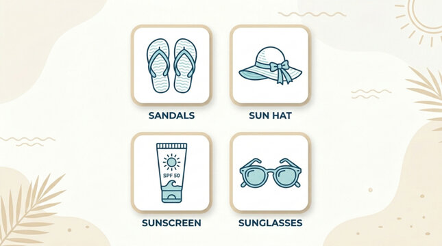 Summer beach essentials icon pack with sandals sun hat sunscreen and sunglasses