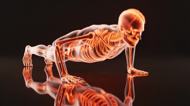 Human skeleton performing push ups on a reflective dark surface in a medical 3D visualization