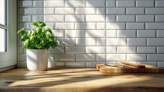 sunlit potted herb on a wooden kitchen countertop with cutting board and knife against white subway tile, evoking a calm bright morning and fresh home cooking