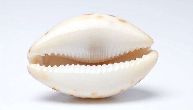 A close‑up of a glossy cowrie shell with creamy white surface and light brown spots, ridged opening and symmetrical oval shape, placed on a plain white background, natural marine texture and elegance.