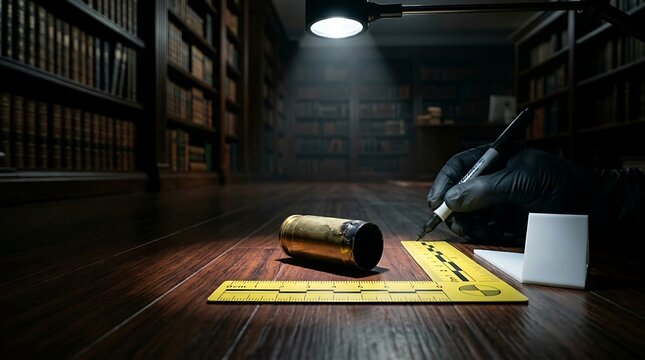 Forensic investigator documenting bullet shell casing at dark crime scene in library with dramatic spotlight