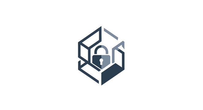 Abstract geometric lock symbol within a cube structure, representing security and data protection.