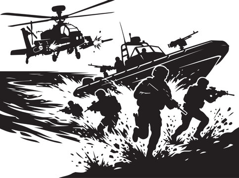 Military operation, tactical team, stealthy landing, black vector illustration