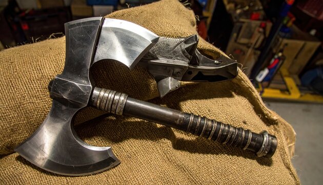 Sharp hand forged steel halberd head and double axe blade resting on coarse burlap fabric. This cinematic wide view captures the intricate metallic details of historical medieval weapon replicas.