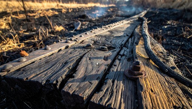 Rustic charred oak planks with heavy iron rimming and metallic rivets resting on scorched earth, showcasing a cinematic widescreen view of fire damaged terrain and industrial decay after a wildfire.
