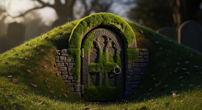 A somber, moss-covered stone crypt door, indicating an entrance to an underground burial vault beneath the sprawling, historical churchyard, stone, death, eternal