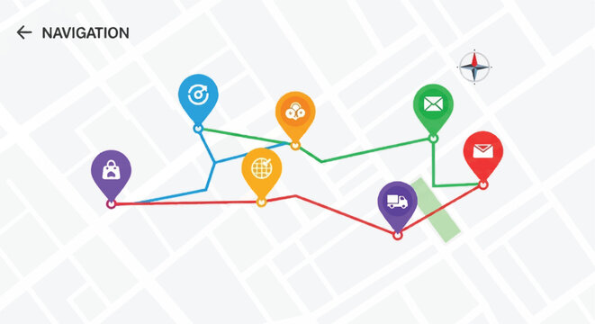 A map displays a route with various icons and colored lines connecting them.