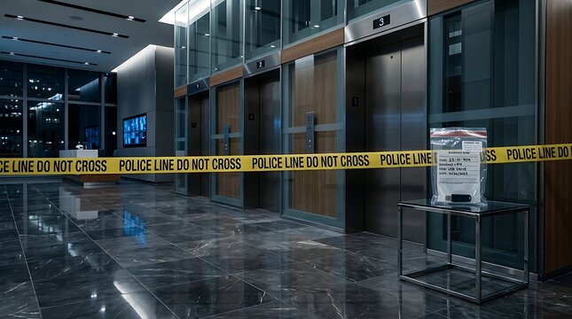 Corporate crime scene in modern office lobby with yellow police tape across elevators and evidence bag