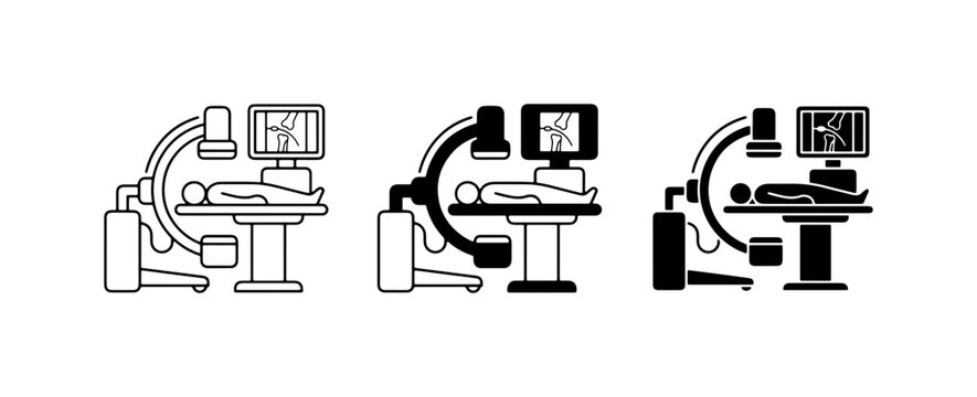 Medical C-arm machine, patient on table, monitor display, surgical equipment icons
