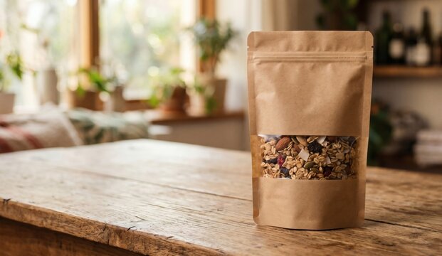 Blank brown kraft stand up pouch mockup with window on a wooden table