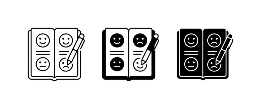 Customer Feedback Icons: Satisfaction Survey, Mood Tracker, Review Journal, Smiley Faces