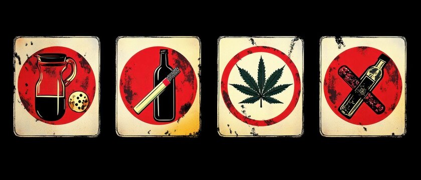 Retro distressed warning signs showing a pitcher and cookie, a bottle with a rolled cigarette, a banned cannabis leaf, and a bottle with a crossed bandage conveying prohibition and caution