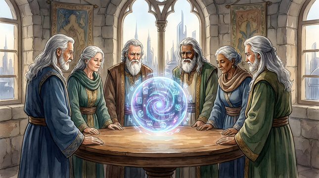 Six figures are gathered around a mystical glowing orb, with serious expressions and engaged in a ritual or discussion.
