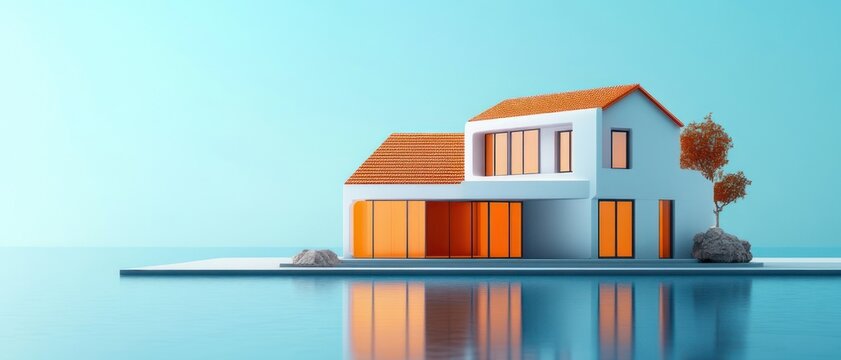 Serene modern waterfront house with glowing orange windows on reflective water beside a small rocky islet with a tree