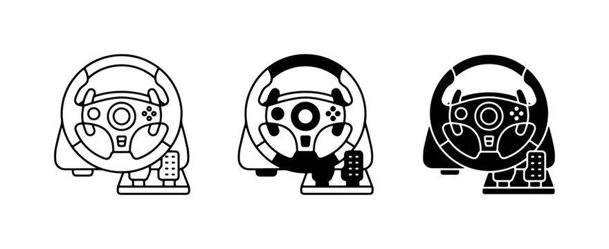 Gaming Steering Wheel and Pedals, Racing Simulator Controller Icons, Vector Graphics