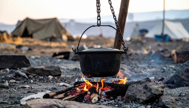 Rustic cast iron cauldron suspended by a heavy chain over a burning campfire in a remote wilderness base camp, showcasing cinematic outdoor cooking in a wide landscape banner format.