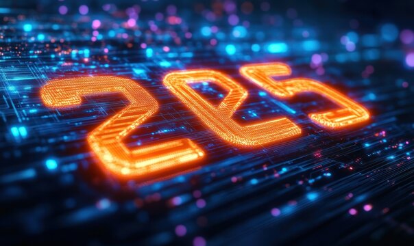 Glowing orange alphanumeric sequence 2e5 on a futuristic circuit board with neon blue and purple lights, energetic high-tech atmosphere